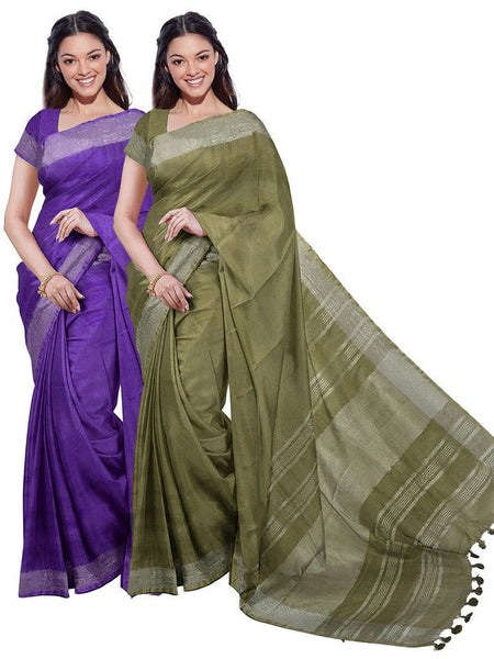 Bhagalpuri Handloom Cotton-Linen Blend Saree Combo (Pack Of 2) With Running Unstiched Blouse Piece