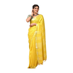 Linen Cotton Blend Handloom Bhagalpuri Saree with Zari Border (12782 Canary_Yellow) - View 3