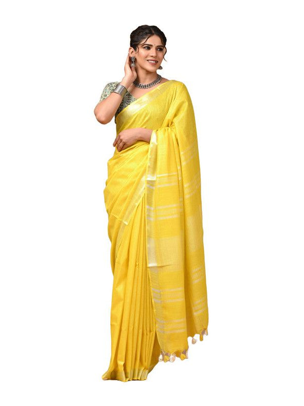 Linen Cotton Blend Handloom Bhagalpuri Saree with Zari Border (12782 Canary_Yellow) - View 3
