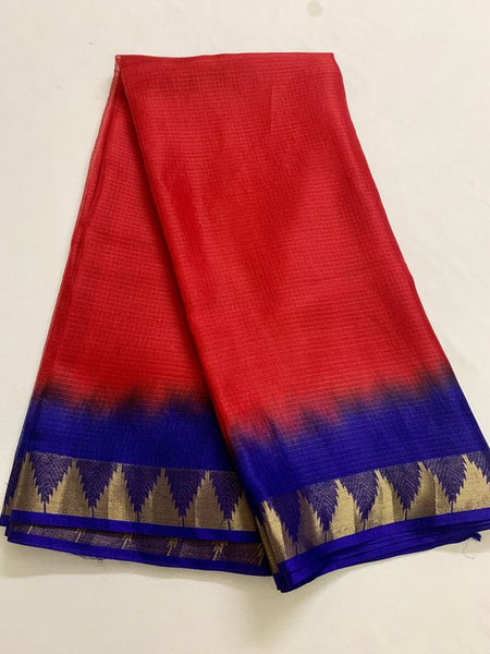 Two Dye Organza Net Temple Border Bhagalpuri Saree (Red & Duke_Blue)