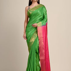 Handloom Tussar Munga Silk Two Dye Handloom Blend Saree (Kelly_Green & Cerise_Pink) - View 5