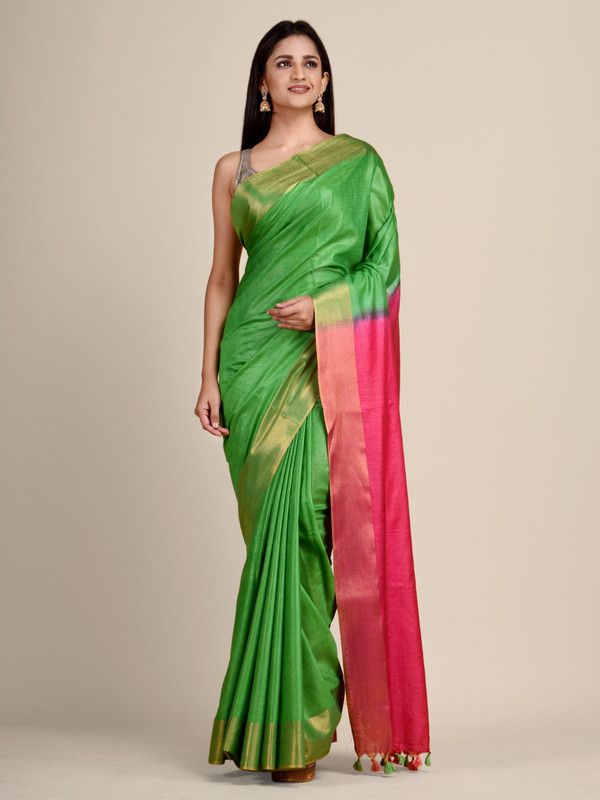 Handloom Tussar Munga Silk Two Dye Handloom Blend Saree (Kelly_Green & Cerise_Pink) - View 5