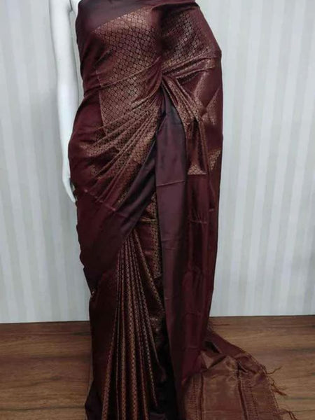 Handloom Linen Tissue Silk Geometric Pattern Weaving with Blouse Piece (Congio_Brown)