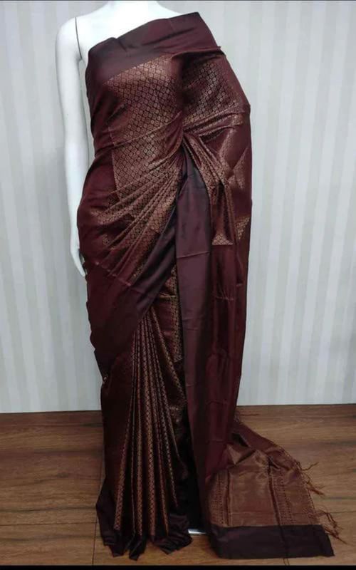 Handloom Linen Tissue Silk Geometric Pattern Weaving with Blouse Piece (Congio_Brown)