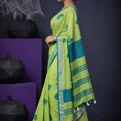 Handwoven Bhagalpuri Linen Blend Embroidered Saree With Contrast Blouse Piece(Parrot Green_Cyan) - View 2
