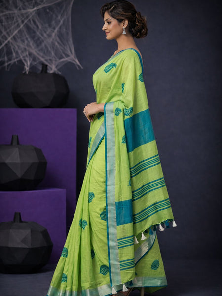 Handwoven Bhagalpuri Linen Blend Embroidered Saree With Contrast Blouse Piece(Parrot Green_Cyan) - View 2