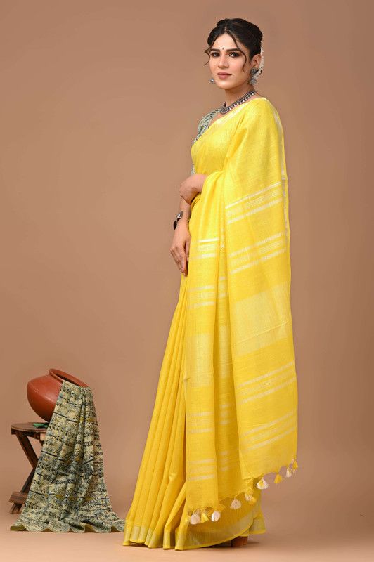 Linen Cotton Blend Handloom Bhagalpuri Saree with Zari Border (12782 Canary_Yellow) - View 2