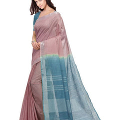 Tumbleweed Tan & Cerulean Blue women's Bhagalpuri Handloom Linen Slub Blend Two Dye Saree With Running Unstitched Blouse Piece - View 3