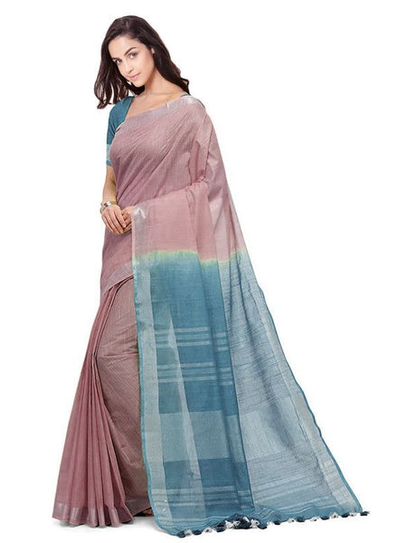 Tumbleweed Tan & Cerulean Blue women's Bhagalpuri Handloom Linen Slub Blend Two Dye Saree With Running Unstitched Blouse Piece - View 3