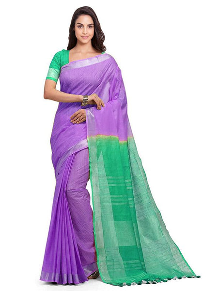 Bhagalpuri Handloom Linen Cotton Blend Two Dye Saree With Running Unstitched Blouse Piece