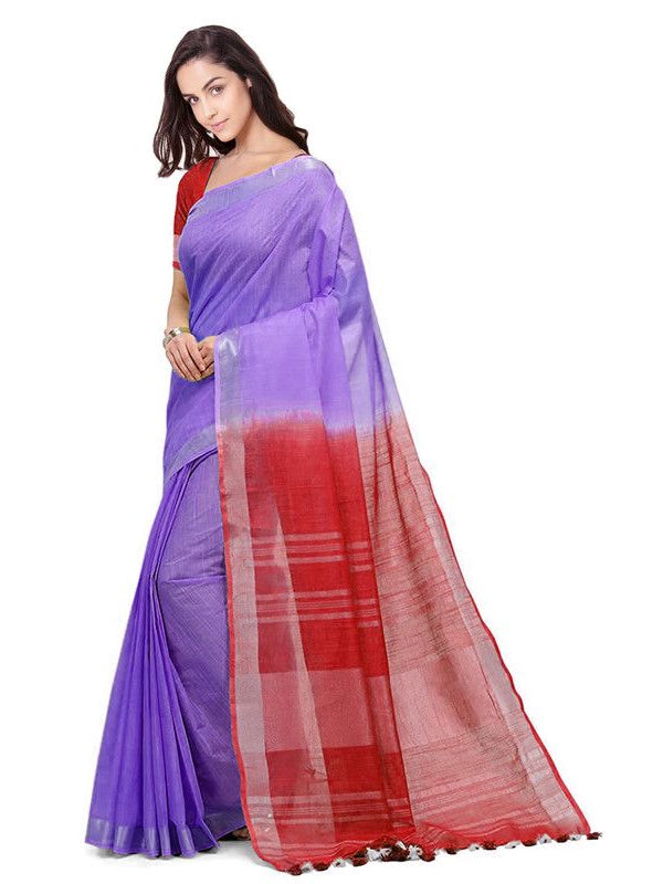 Lilac Purple & Red women's Handloom Bhagalpuri Cotton Slub Blend Two Dye Saree With Running Unstitched Blouse Piece - View 3