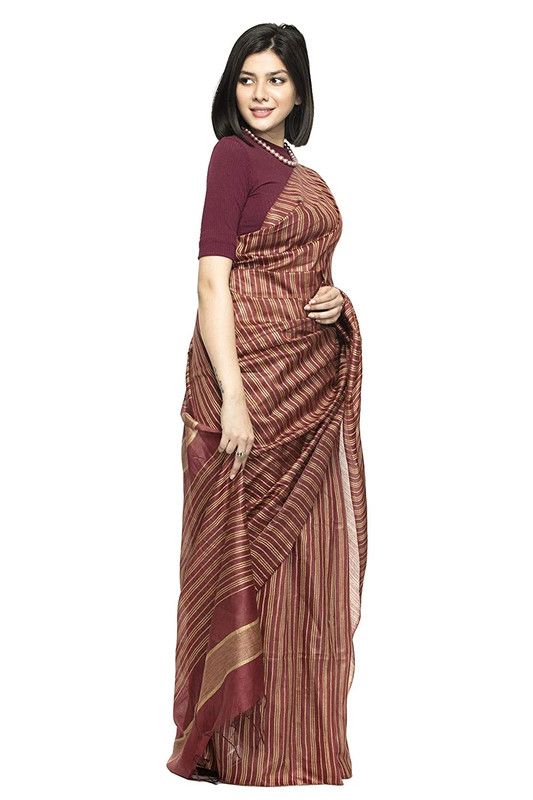 Handloom Kota Silk Striped Bhagalpuri Saree with Blouse Piece (Redwood_Brown) - View 3