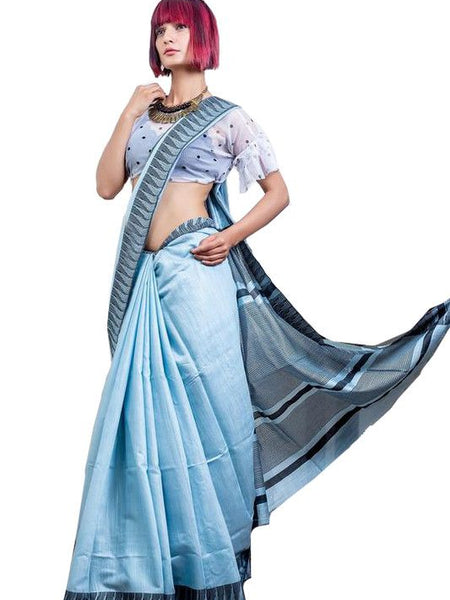 Baby Blue women's Bhagalpuri Handloom Kota Silk Temple Border Saree And Variation Of Colors With Striped Blouse Piece - View 5