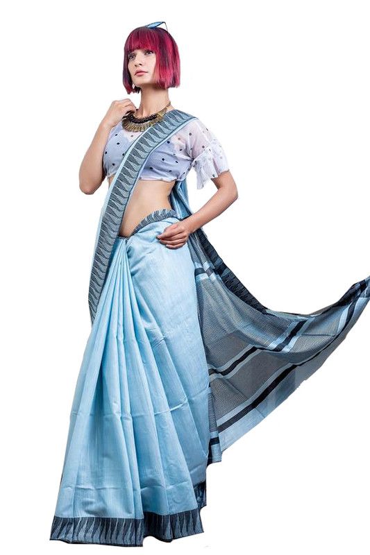 Baby Blue women's Bhagalpuri Handloom Kota Silk Temple Border Saree And Variation Of Colors With Striped Blouse Piece - View 5