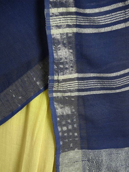 Lemon Yellow & Federal Blue women's Bhagalpuri Handloom Linen Cotton Blend Two Dye Saree With Running Unstitched Blouse Piece - View 2