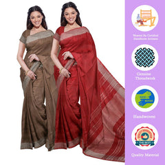 Brown & Red women's Bhagalpuri Handloom Cotton-Linen Blend Saree Combo (Pack Of 2) With Running Unstiched Blouse Piece - View 2