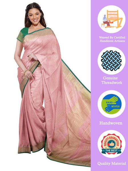 Baby Pink women's Bhagalpuri Handloom Cotton Linen Blend Saree With Contrast Unstiched Blouse Piece - View 2