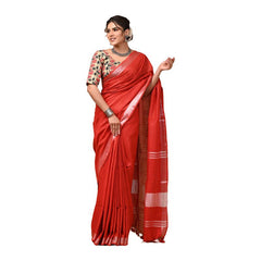 Linen Cotton Blend Handloom Bhagalpuri Saree with Zari Border (12798 Red) - View 3