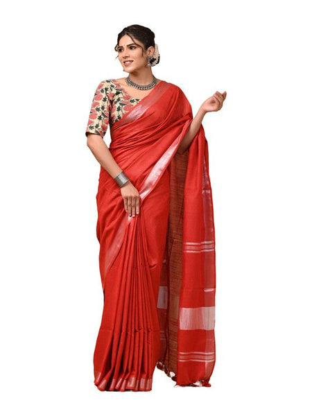 Linen Cotton Blend Handloom Bhagalpuri Saree with Zari Border (12798 Red) - View 3