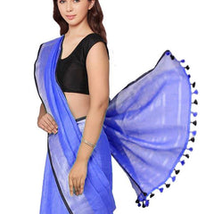 Neon Blue women's Bhagalpuri Blend Linen Saree With Black Pipine Contrast Blouse Piece - View 2