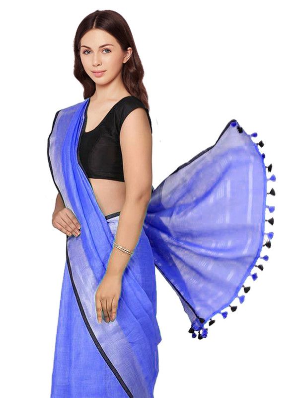 Neon Blue women's Bhagalpuri Blend Linen Saree With Black Pipine Contrast Blouse Piece - View 2
