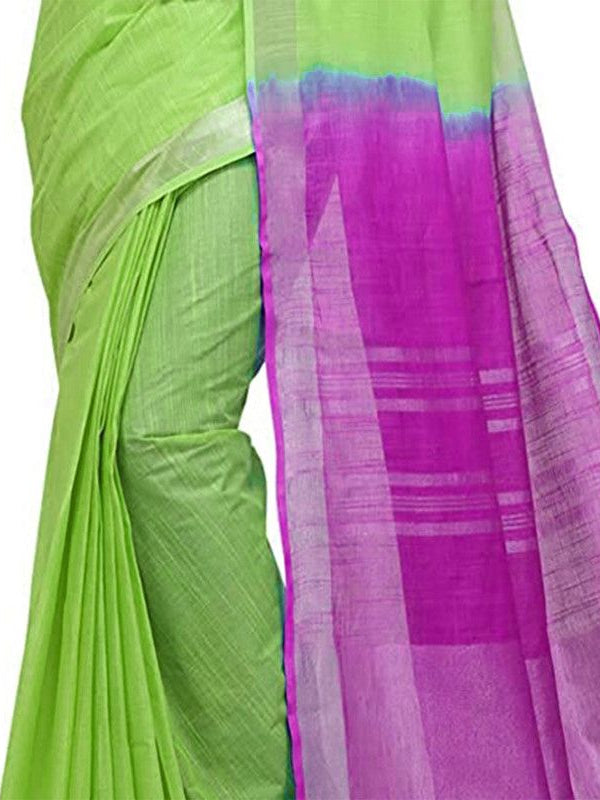 Chartreuse Green & Wild Strawberry women's Bhagalpuri Handloom Linen Cotton Blend Two Dye Saree With Running Unstitched Blouse Piece - View 6
