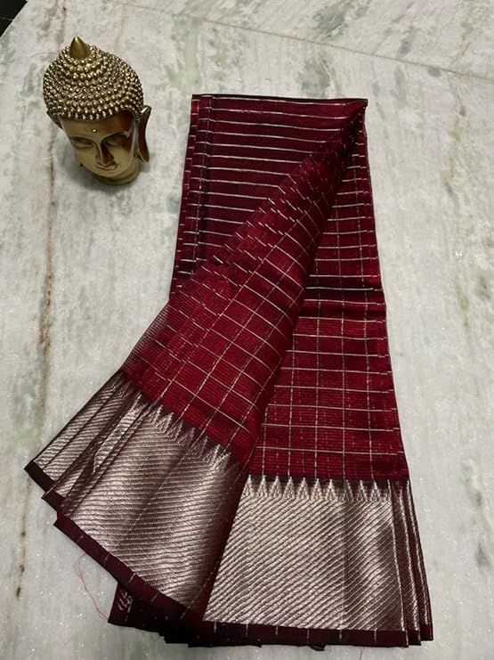 Cotton Silk Handloom Bhagalpuri Wide Border Check Saree with Free Blouse Piece