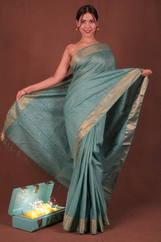 Handloom Silk Bhagalpuri Striped Sequins Turquoise Saree