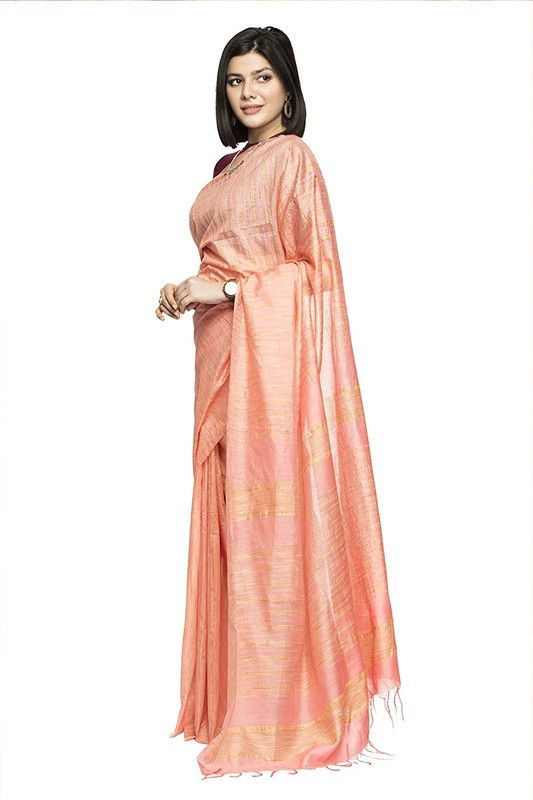 Bollywood Kota Silk Striped Handloom Apricot Orange Saree - View 3