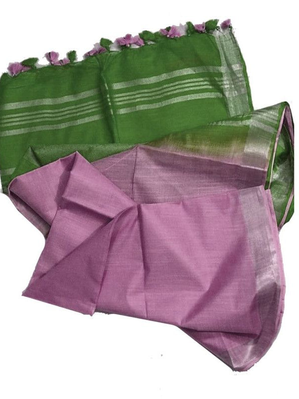 Mantis Green & Sky Magenta Bhagalpuri women's Ethnic Wear Handloom Linen Cotton Blend Zari Border Two Dye Saree With Running Unstitched Blouse Piece - View 6