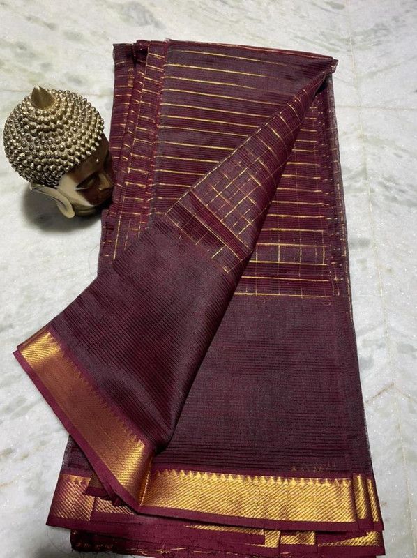 Bhagalpuri Handloom Cotton Silk Check Half Body Saree for women's (Burgundy_Brown) - View 2