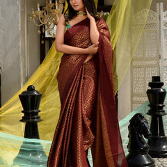 Maroon Red Cotton Tissue Silk Designer Handloom Bhagalpuri Saree - View 2