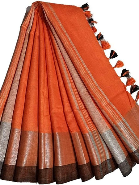 Orange Bhagalpuri Handloom women's Linen Slub Blend Saree With Black Pipin Contrast Blouse Piece
