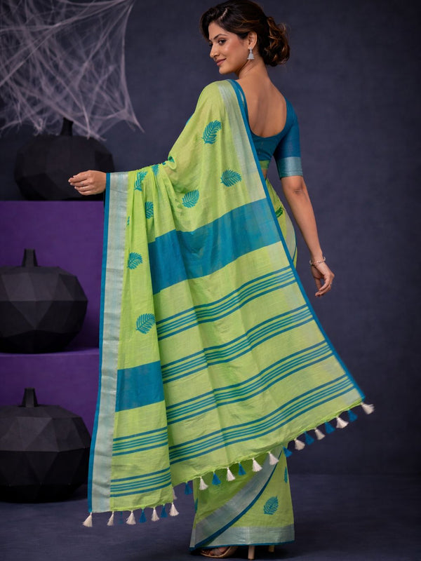 Handwoven Bhagalpuri Linen Blend Embroidered Saree With Contrast Blouse Piece(Parrot Green_Cyan) - View 3