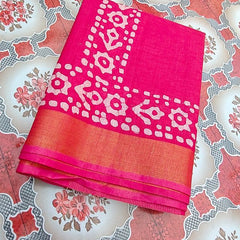 Blend Linen Cotton Handloom Batik Print Saree (GLBR_Gold-Deep_Pink) - View 4
