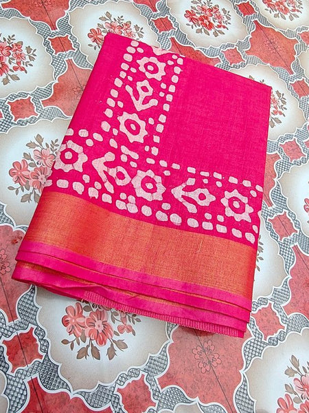 Blend Linen Cotton Handloom Batik Print Saree (GLBR_Gold-Deep_Pink) - View 4