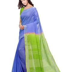 Iris Blue & Apple Green women's Bhagalpuri Handloom Linen Cotton Blend Two Dye Saree With Running Unstitched Blouse Piece - View 2
