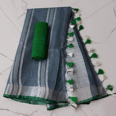 Handloom Bhagalpuri Linen Cotton Blend Contrast Border Saree for Women (12631 Grey-Dark_Green)