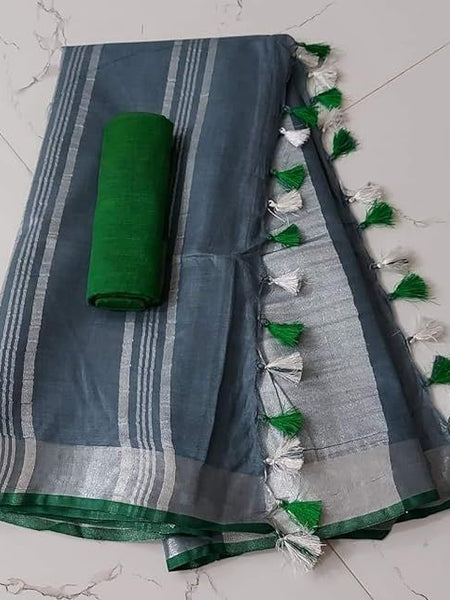 Handloom Bhagalpuri Linen Cotton Blend Contrast Border Saree for Women (12631 Grey-Dark_Green)