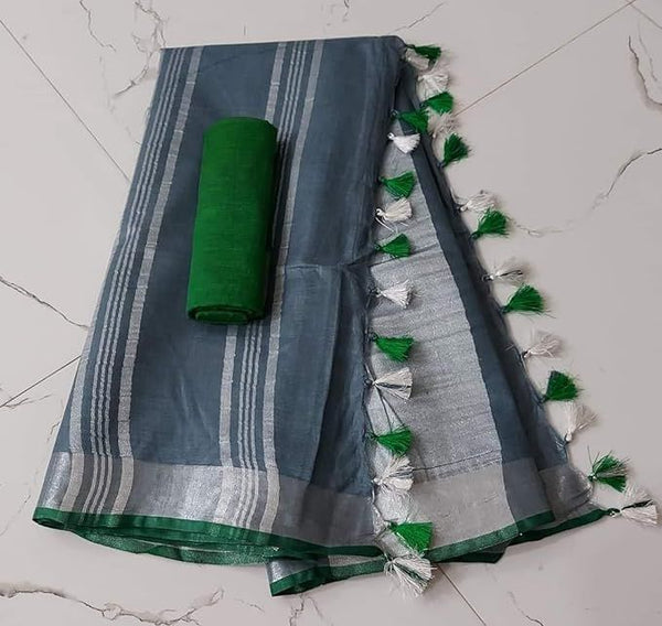 Handloom Bhagalpuri Linen Cotton Blend Contrast Border Saree for Women (12631 Grey-Dark_Green)