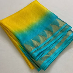 Kota Silk Doriya Organza Net Temple Border Two Dye Saree with Free Blouse Piece(Canary_Yellow & Cyan) - View 4