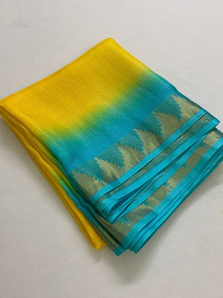 Kota Silk Doriya Organza Net Temple Border Two Dye Saree with Free Blouse Piece(Canary_Yellow & Cyan) - View 4