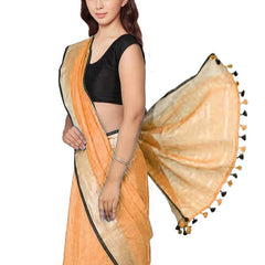 Carrot Orange women's Bhagalpuri Blend Linen Saree With Black Pipine Contrast Blouse Piece - View 4