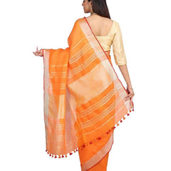 Handloom Linen Cotton Blend Contrast Bhagalpuri Saree for Women (Flame_Orange-Red ) - View 3