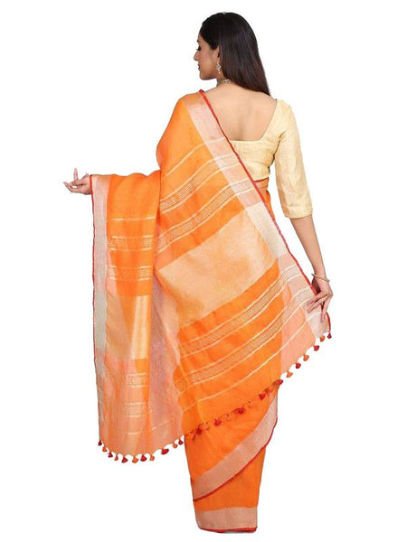 Handloom Linen Cotton Blend Contrast Bhagalpuri Saree for Women (Flame_Orange-Red ) - View 3