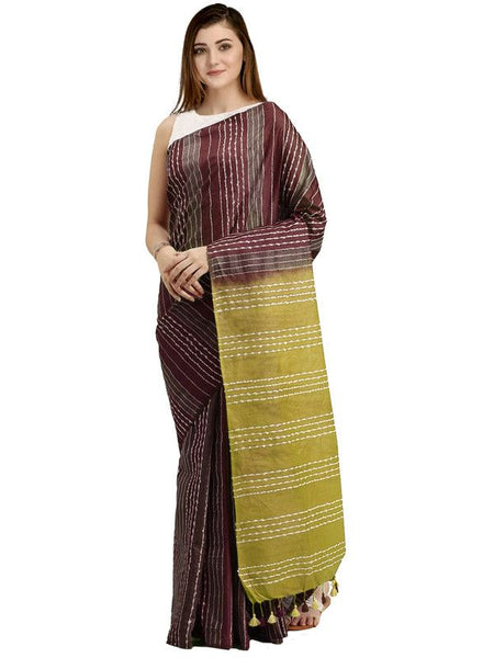 Cordovan & Citron Green women's Kota Art Silk Saree With Blouse Piece