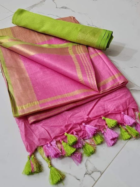 Handloom Bhagalpuri Linen Cotton Blend Contrast Border Saree for Women (12626 Gold-Glowie_Pink-Parrot_Green)