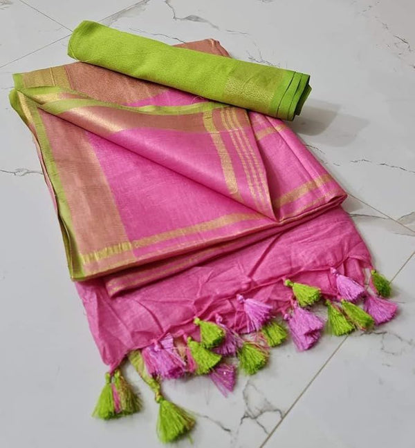 Handloom Bhagalpuri Linen Cotton Blend Contrast Border Saree for Women (12626 Gold-Glowie_Pink-Parrot_Green)