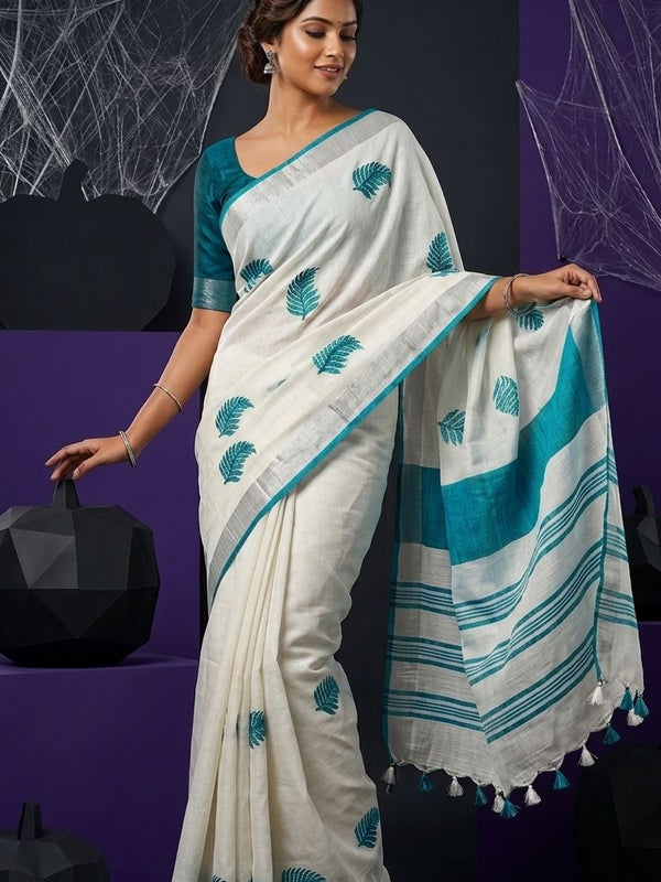Handwoven Bhagalpuri Linen Blend Embroidered Saree With Contrast Blouse Piece(White_Cyan)
