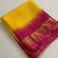 Temple Border Handloom Two Dye Organza Net Saree (Yellow_Hot_Pink) - View 3